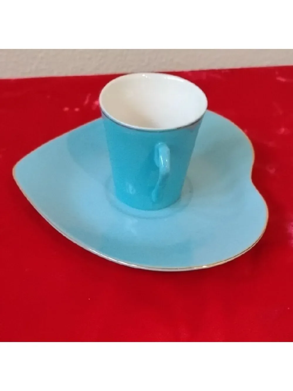 D- NWOT Blue Heart-Shaped Cup and Saucer Set